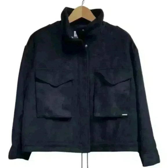 NINE WEST Navy Blue Fleece Bomber Utility Jacket Zip Up Stand up Collar  Sz. XL - Picture 1 of 11